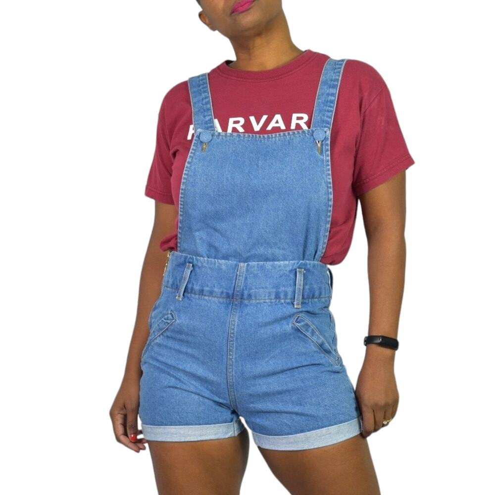 Vintage Blossom Jeans Bib Overall Blue Denim Shorts 80s Suspender Cuffed Size XS